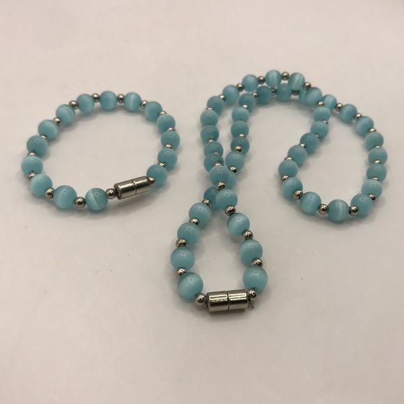 Light Blue Glass Cats Eye Bead Necklace & Bracelet Set - Picture 8 of 8